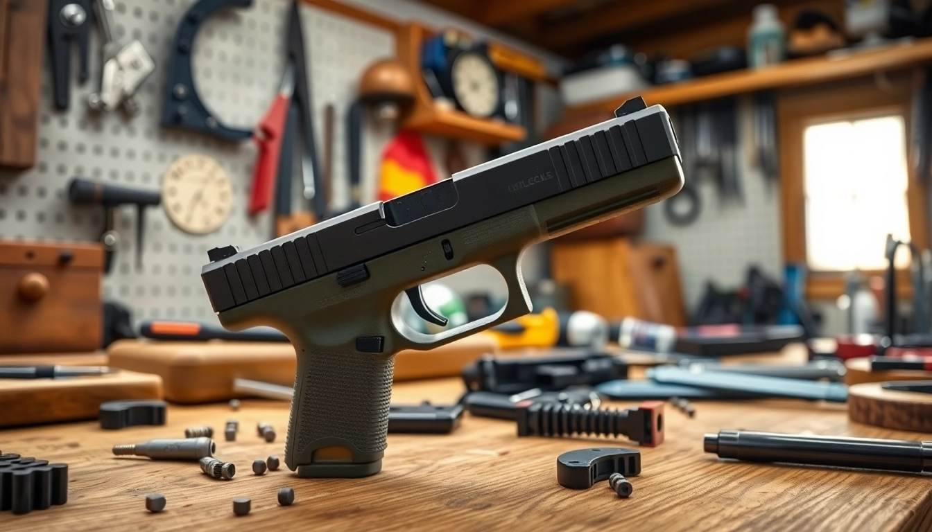 Highlighting the glock 17 slide oem, showcasing precision craftsmanship and detail in a workshop.
