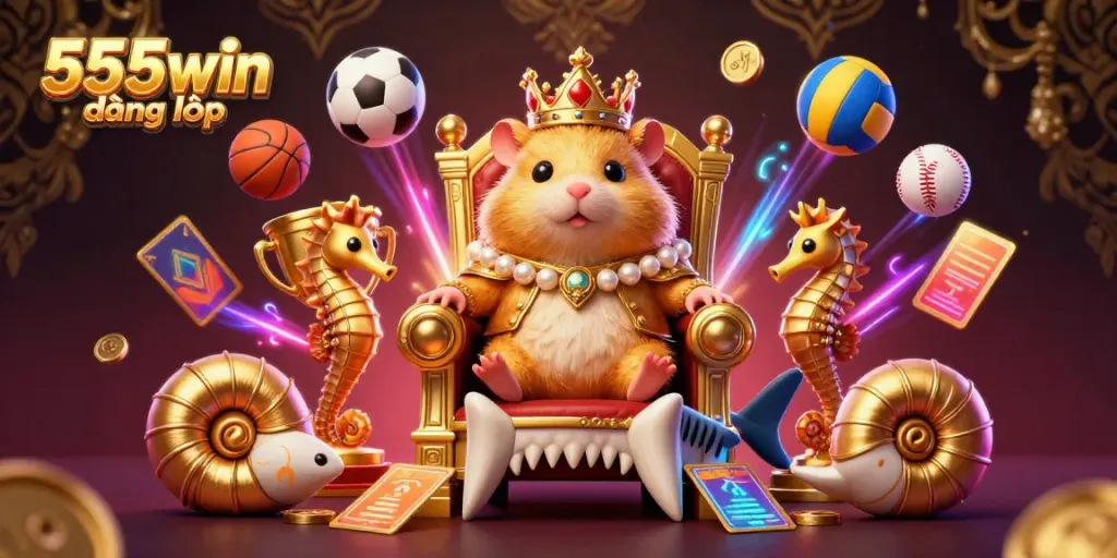 Experience the thrill of gambling with 555win đăng nhập, featuring a golden hamster king and vibrant sports elements.