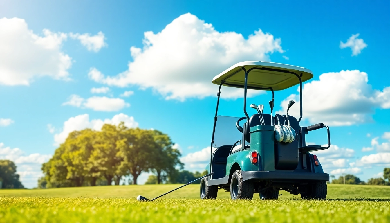 Showcase lithium golf cart batteries installed in a modern golf cart on a sunny golf course.