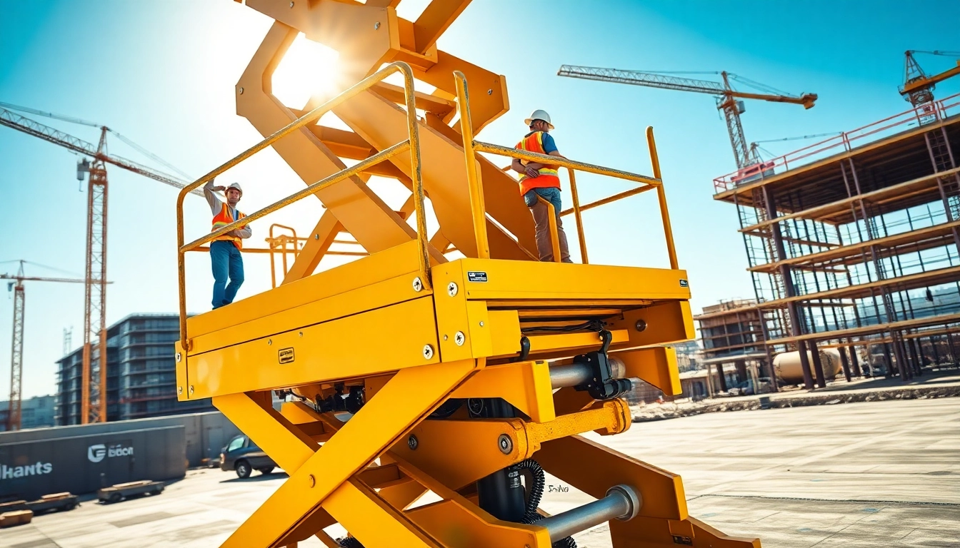 Scissor lift elevating construction workers safely on a job site.