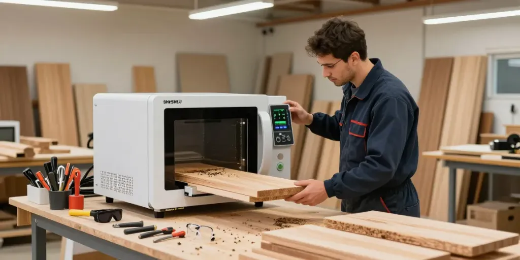 SHASHEL® microwave device being used in a professional wood treatment workshop to eliminate wood-boring insects.