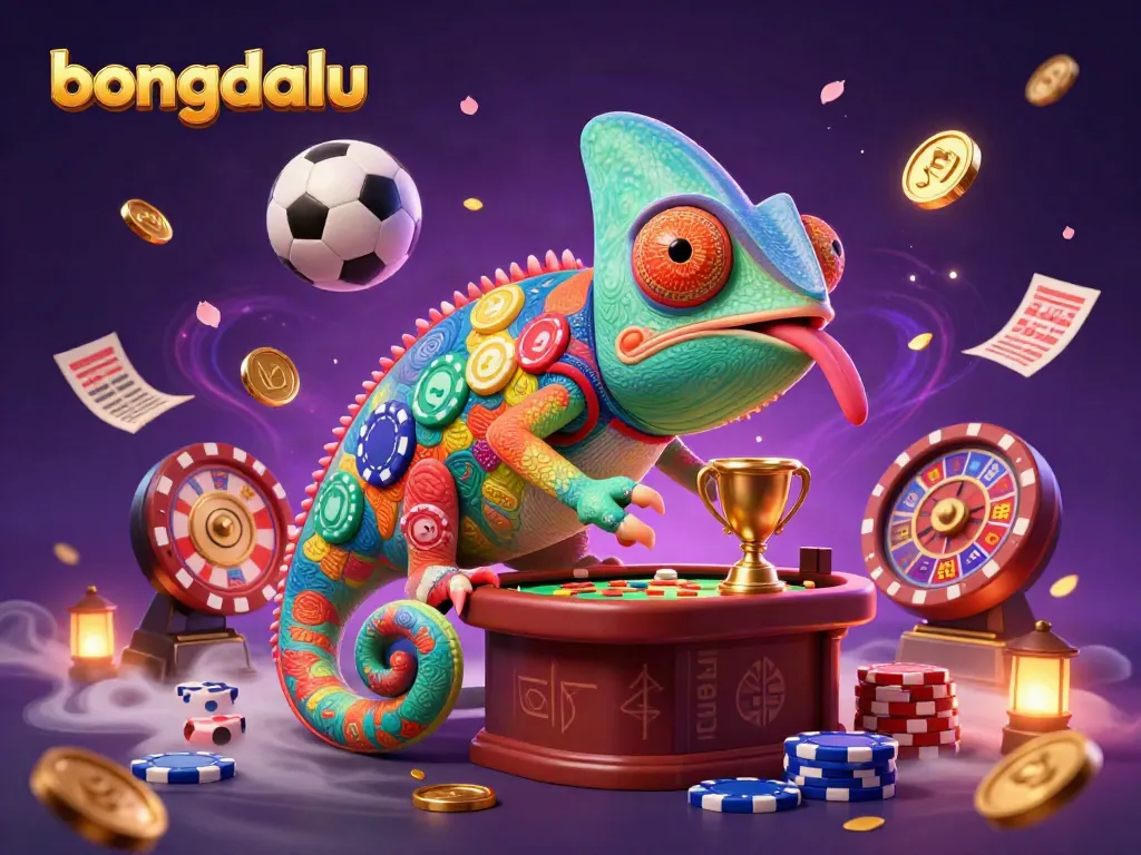 Bongdalu's vibrant sports betting scene showcases a chameleon casino owner snatching golden coins, enthralling viewers with dynamic energy.