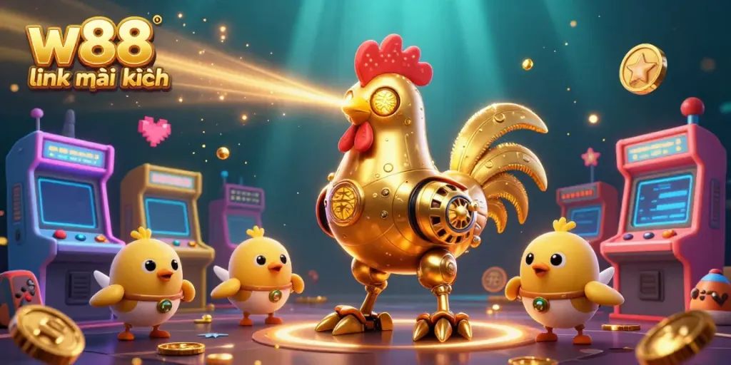 Experience exciting gaming with vibrant 3D casino elements featuring w88 link mới nhất in energetic illustration.