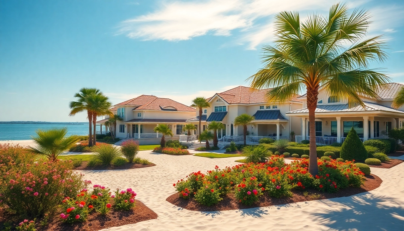 Showcasing waterfront homes for sale Pensacola FL, beautifully landscaped near the shore.
