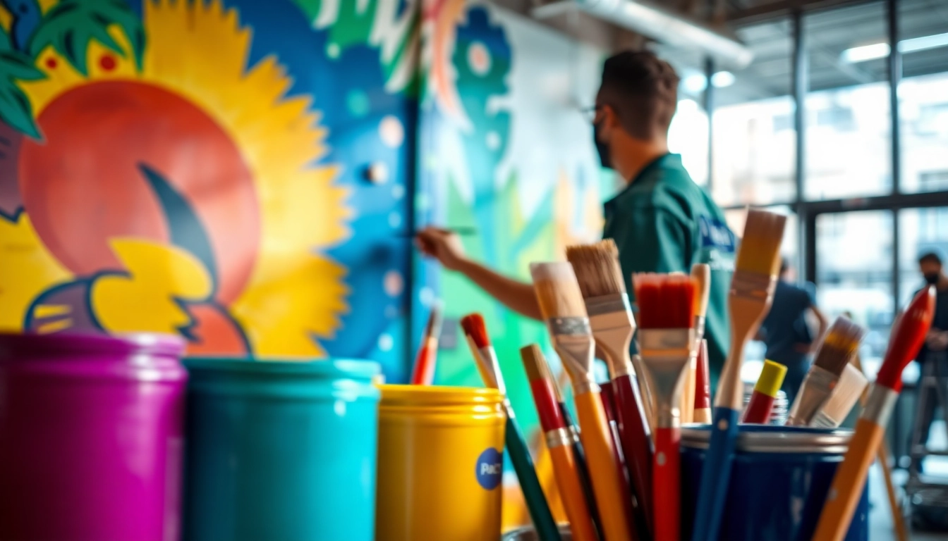 Painting commercial mural in an energetic urban environment, showcasing creativity.