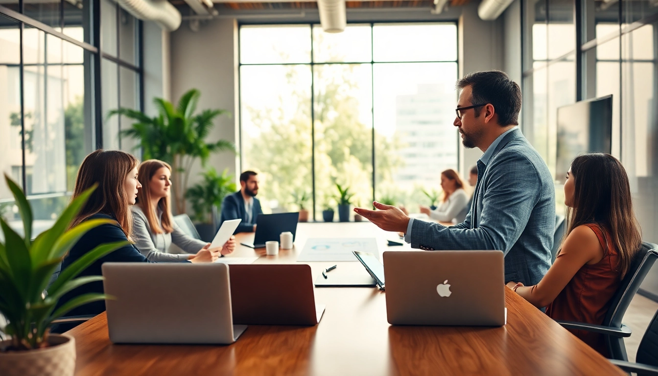 Marketing director leading a strategy session with a diverse team in a bright office setting.
