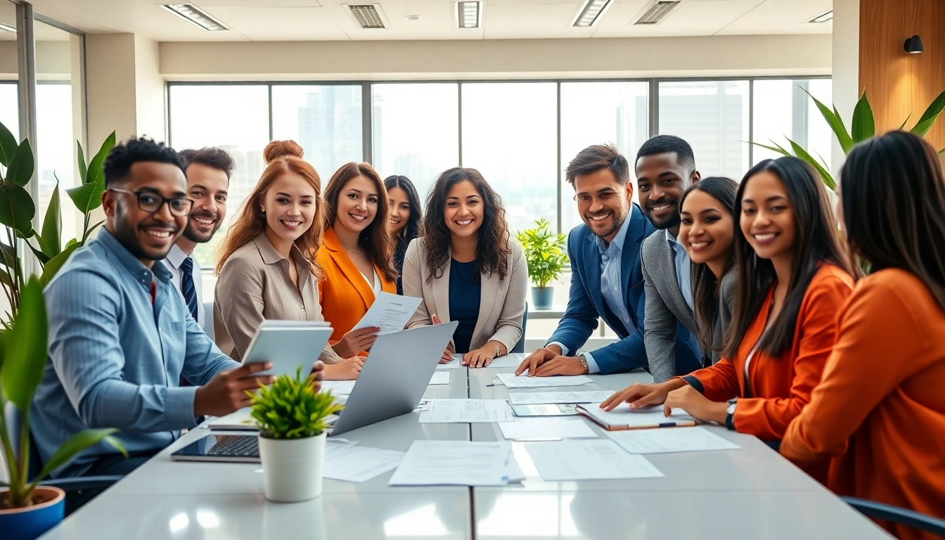 Dynamic scene of recruiters collaborating at a professional office, showcasing recruiting agencies in action.