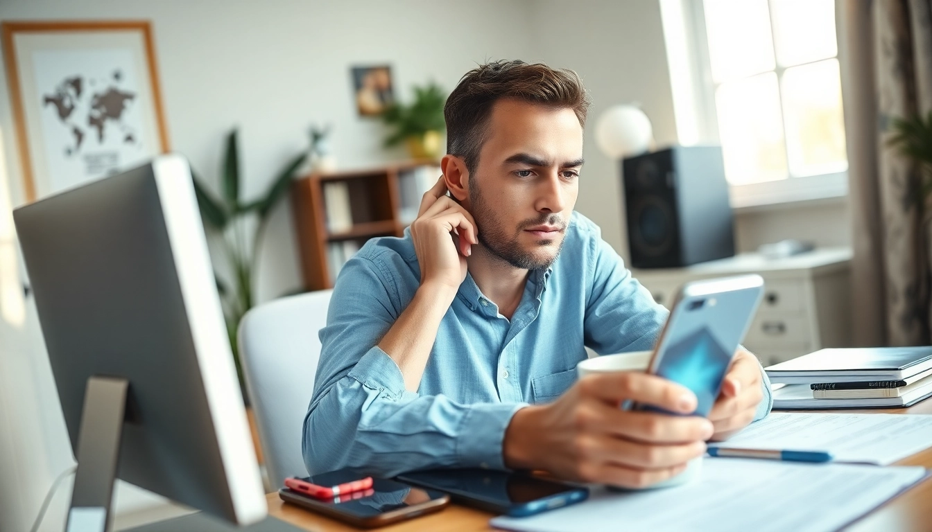Engaging in a reverse phone search UK at a modern home office setting with smartphones and laptops.