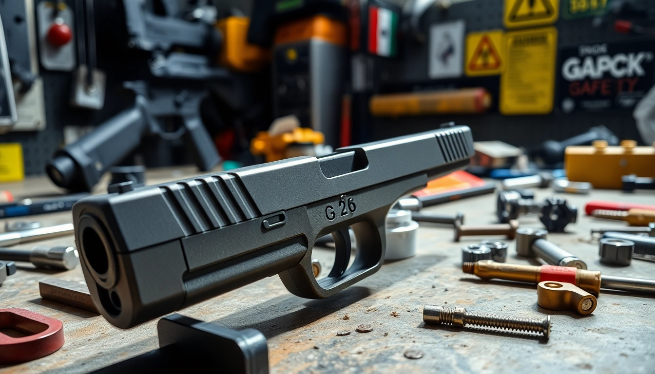 Showcasing a Glock 26 gen 5 slide in a workshop, highlighting its advanced design and precision.