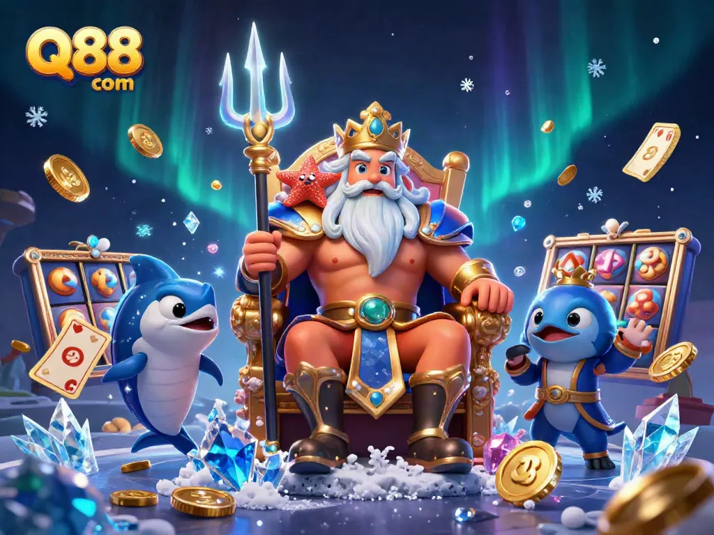 Experience thrilling slots with Q88 com in a vibrant 3D illustration featuring the sea king and dynamic casino elements.