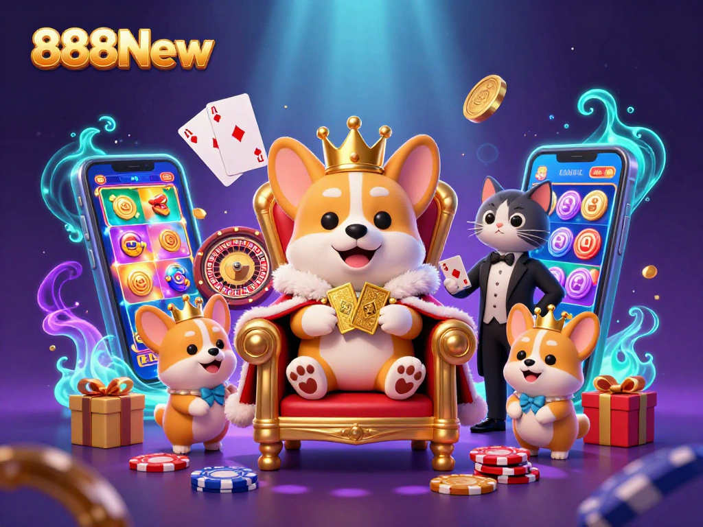 Experience the excitement of 888New with our royal corgi surrounded by dynamic gambling elements.