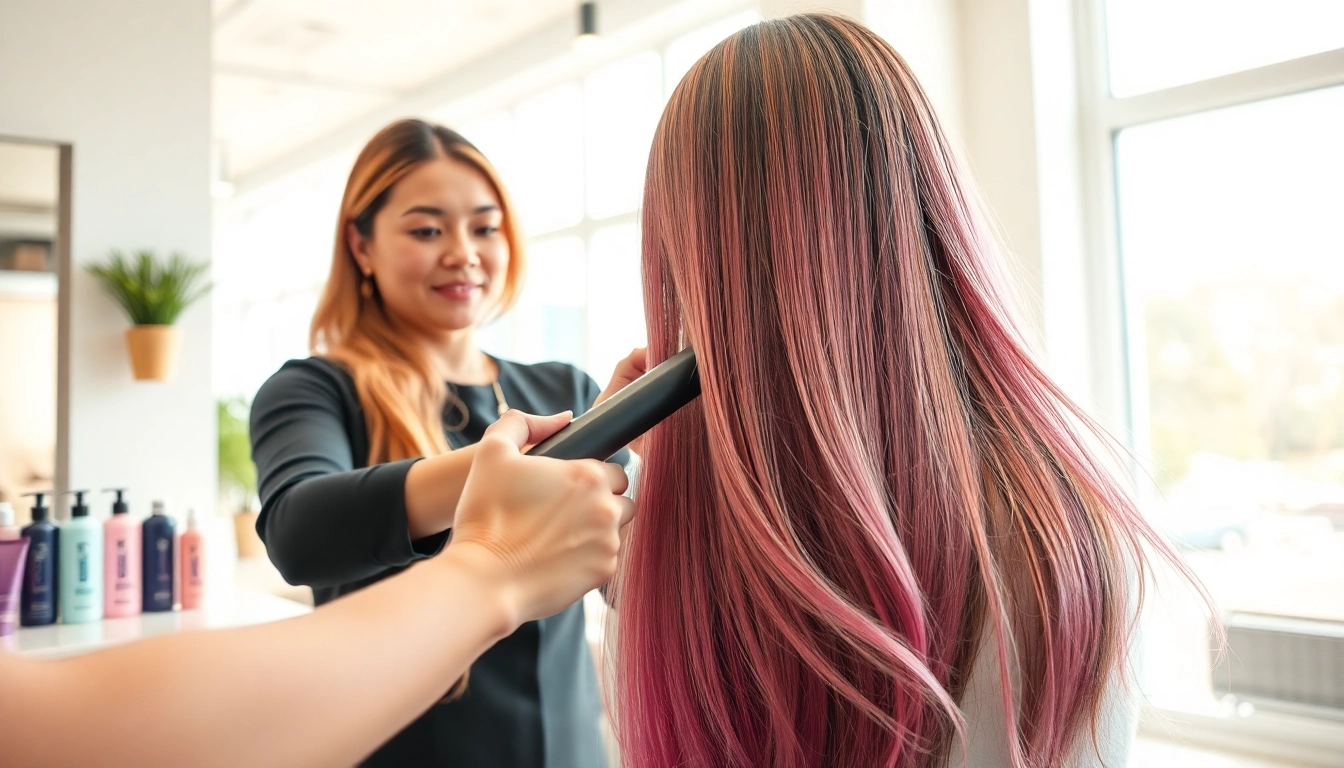 Client enjoying hair straightening treatment in a bright salon setting.