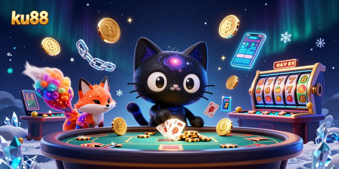 ku88 features an enchanting cosmic casino scene with a black hole cat and nebulous fox.