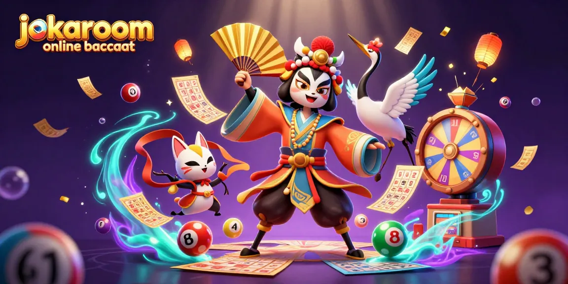 Engage with jokaroom online baccarat in a vibrant 3D casino scene featuring cultural elements and colorful gaming symbols.