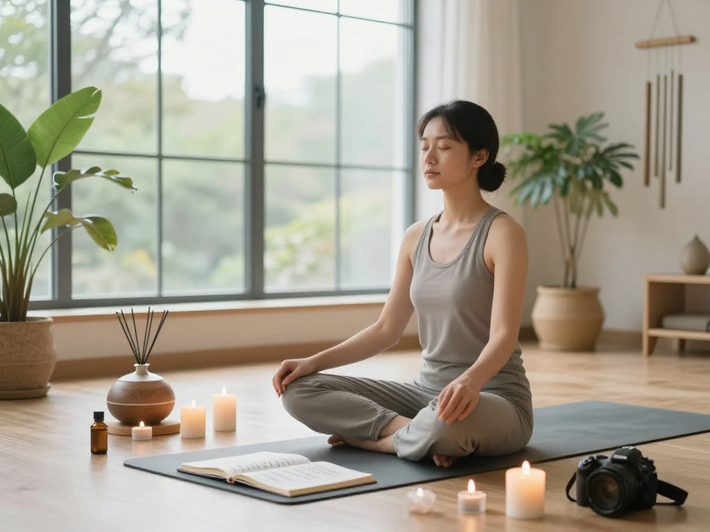 Individual practicing mantra 88 in serene meditation space with crystals and candles.