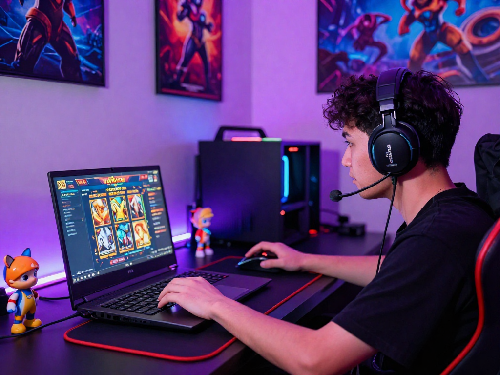 Pengalaman bermain slot gacor yang menarik dengan pemain di laptop dan aksesori gaming yang cerah.