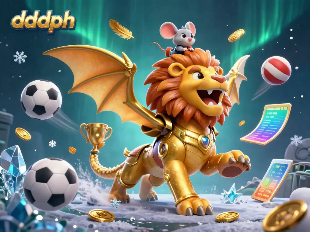 Engage with dddph in a vibrant 3D casino illustration featuring a golden chimera and dynamic sports elements.