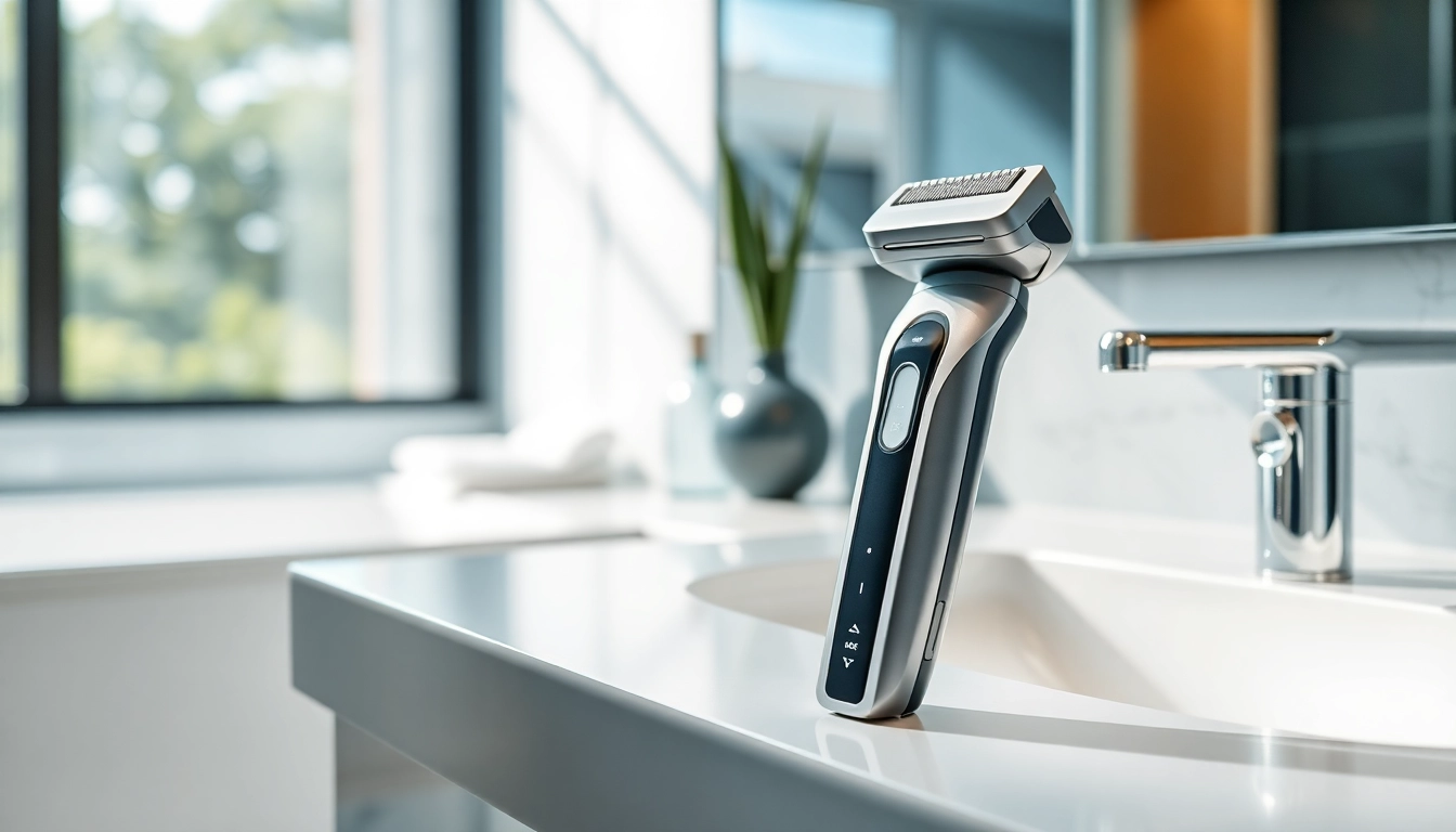Close-up of one blade electric shaver on a modern countertop showcasing sleek design and precision.