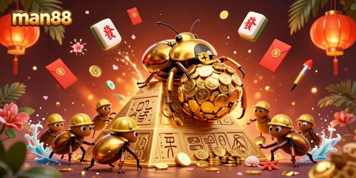 Join the fun at man88 with golden beetles rolling coins and dynamic casino symbols.