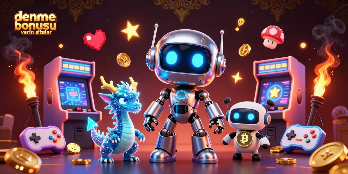 Engaging illustration showcasing deneme bonusu veren siteler with cyberpunk robot, AI dragon, and bitcoin elements.