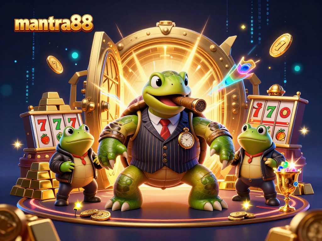 Experience the thrill of mantra88 with a vibrant casino scene featuring a unique turtle mobster!