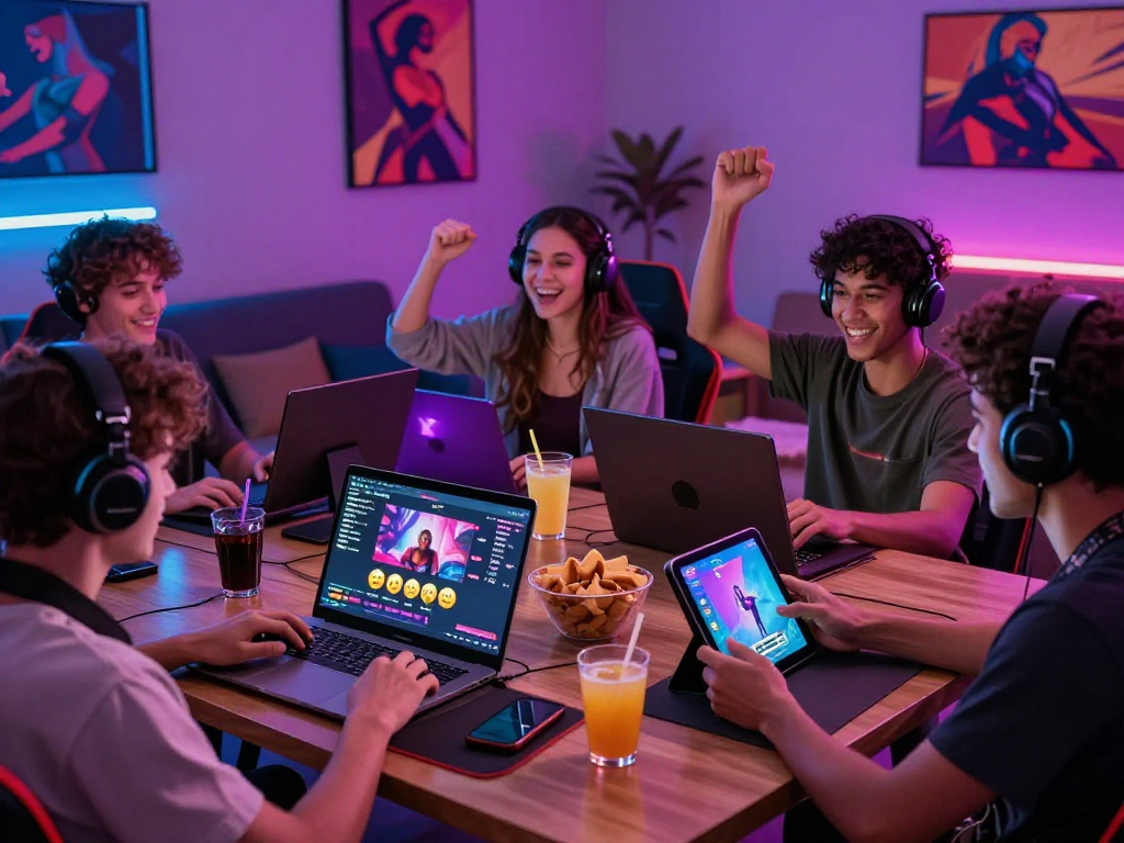 Engaged players enjoying sex games on various devices in a vibrant gaming setup.