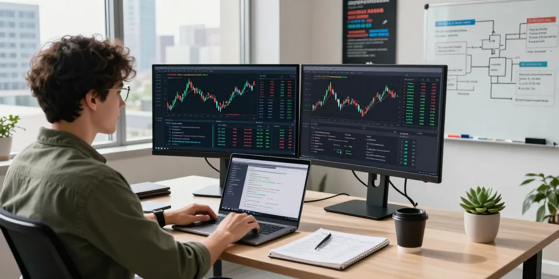 Real-time financial data displayed on monitors, showcasing algorithmic trading API in a modern trading workspace.
