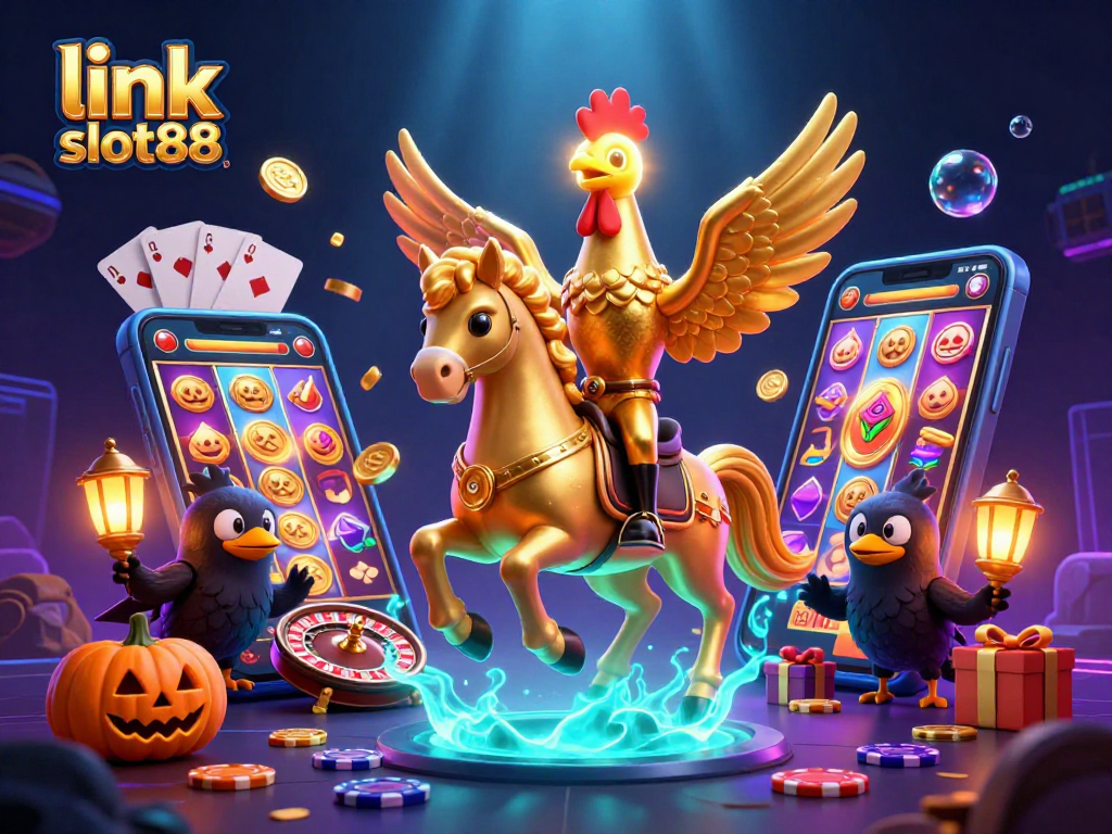 Immerse in link slot88 as a golden rooster navigates a vibrant casino scene with glowing game elements.
