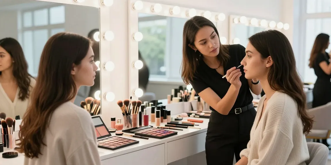 Trucco personalizzato: make-up artist che consiglia cliente su opzioni di make-up individuali in un ambiente luminoso.