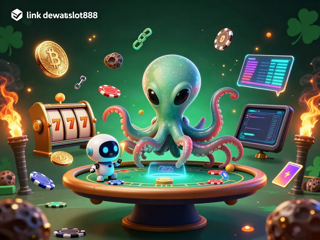 Mengakses link dewataslot888 sambil bermain di kasino online bersama karakter kartun luar angkasa dengan elemen slot digital.