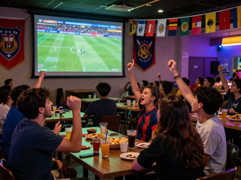 Menonton live streaming bola gratis di pesta olahraga, penonton bersorak.