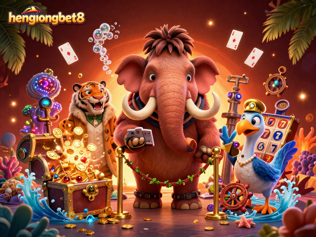 Engage with hengongbet8's vibrant casino scene featuring a woolly mammoth bouncer and a saber-tooth tiger.
