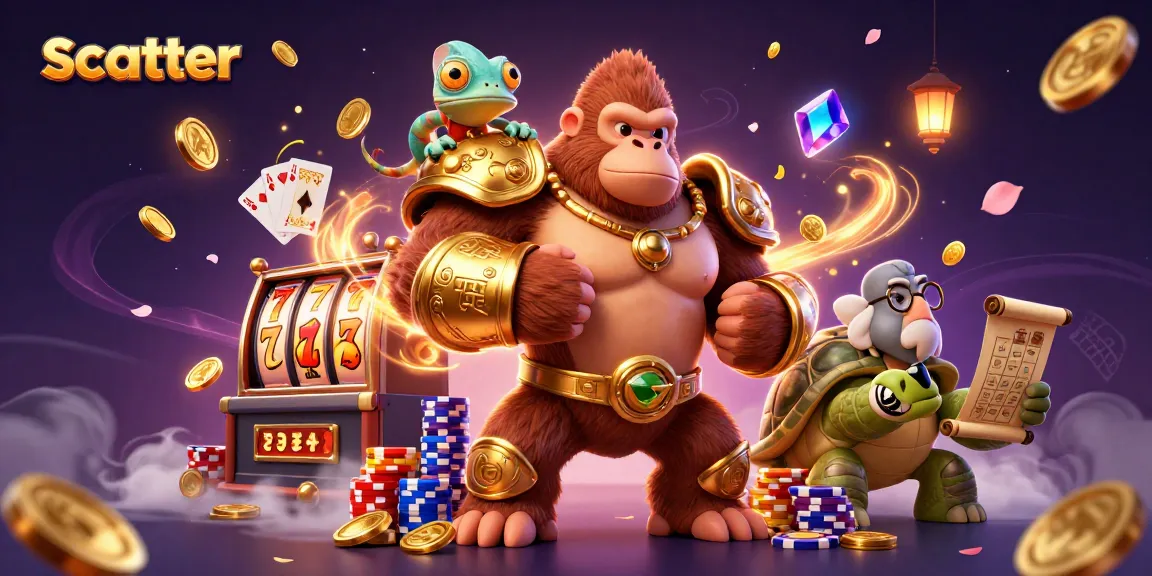 Experience scatter wins with a powerful gorilla and chameleon in a vibrant casino scene.