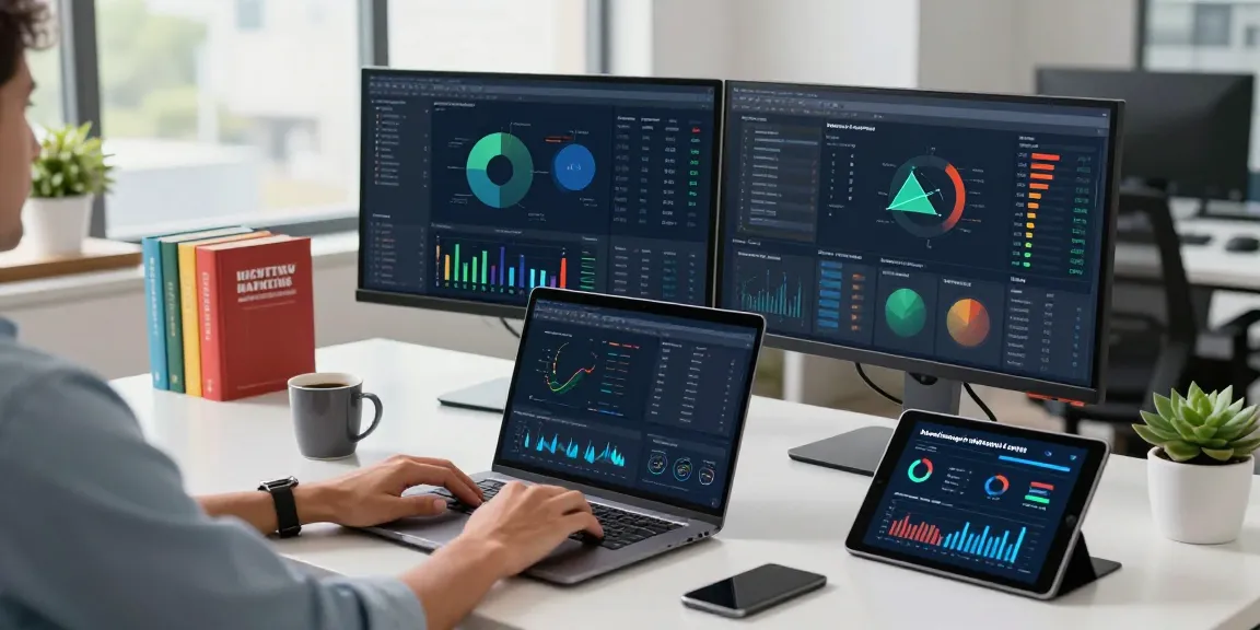 Professional's digital marketing workspace featuring NAGA2000 metrics analysis and lively office ambiance.