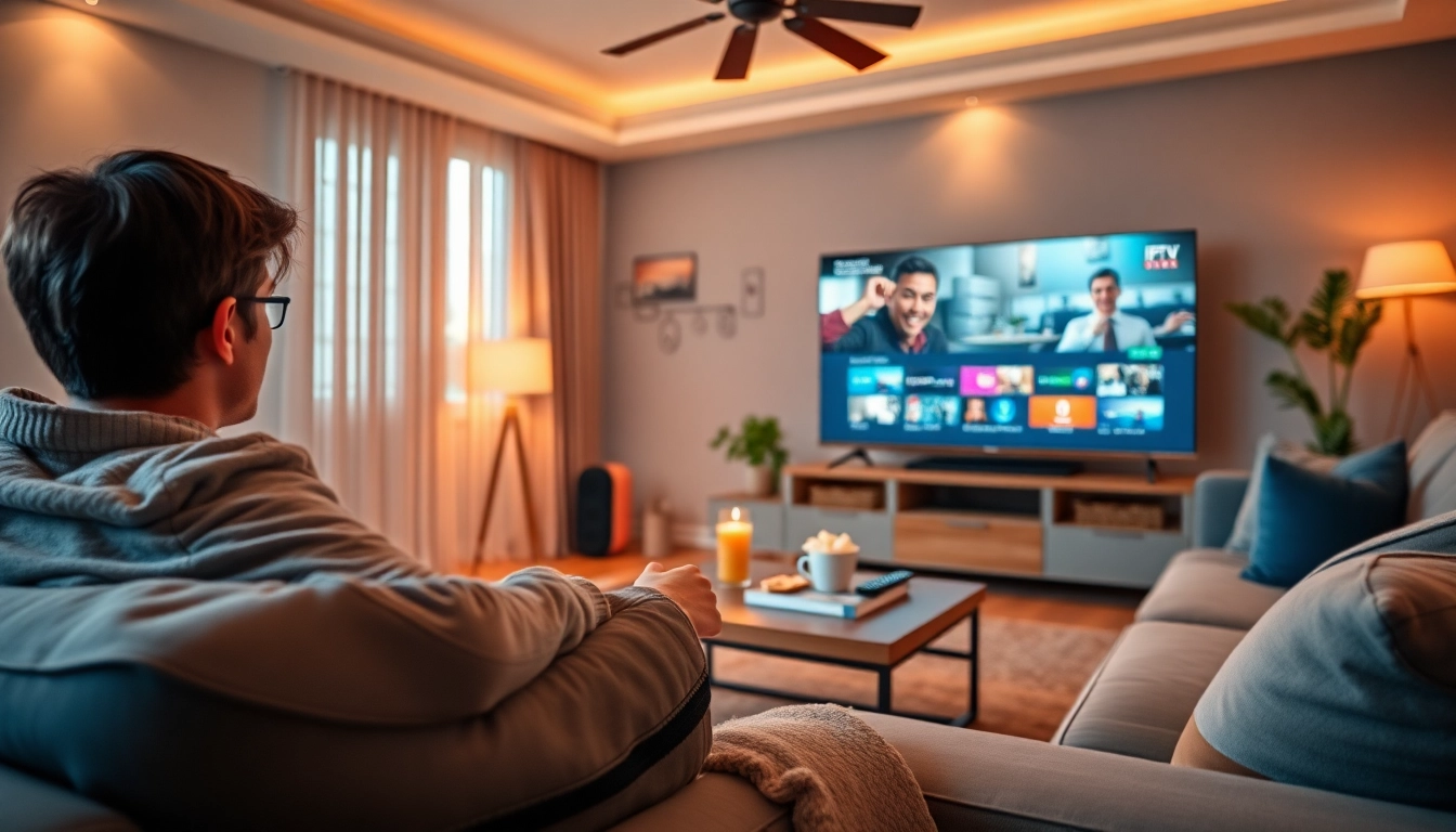 Experience IPTV Free Trial No card in a cozy living room with a modern setup.