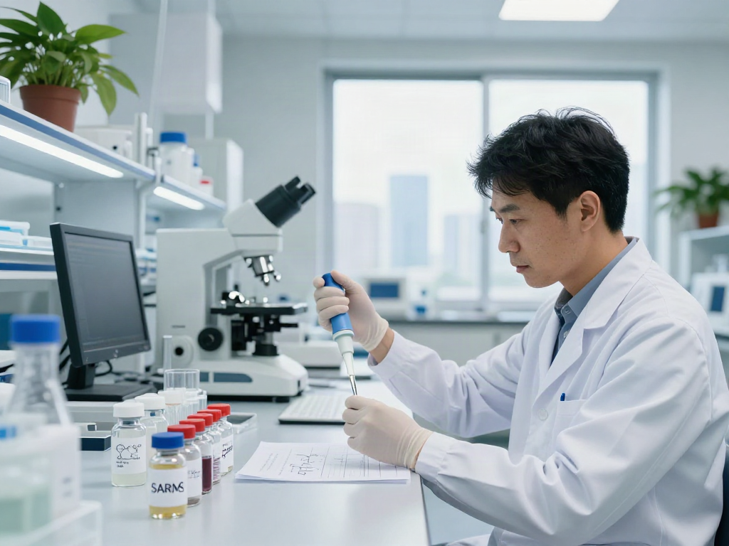 Scientist working with Swiss Chems peptides in a modern laboratory environment.