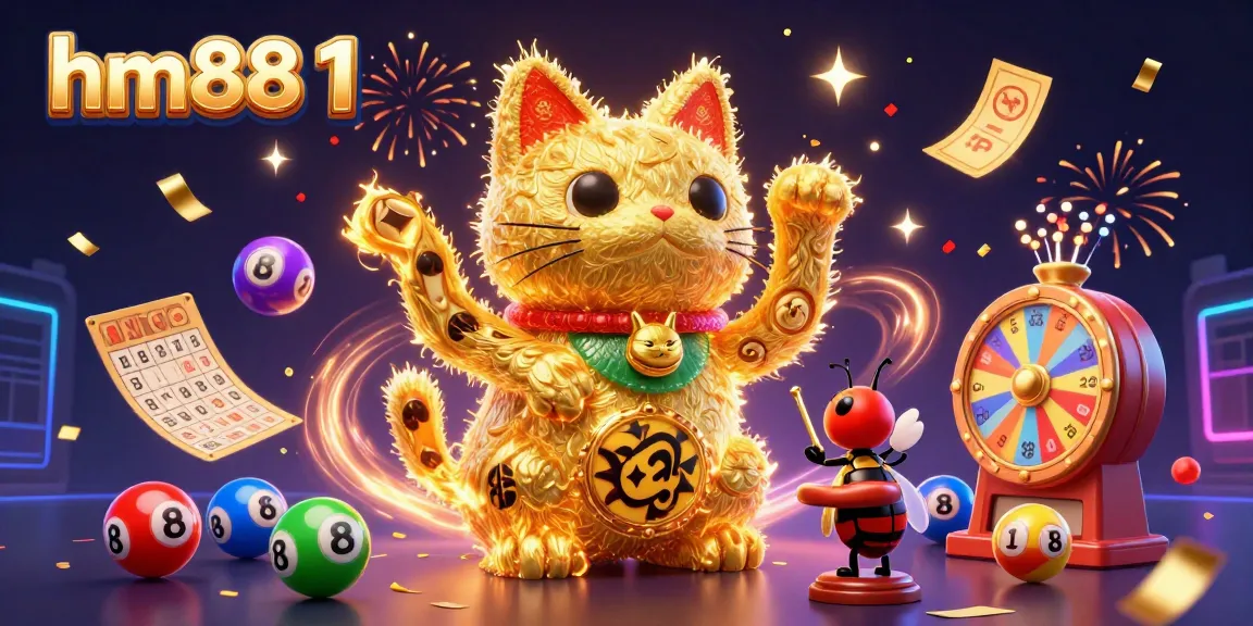Experience the gambling excitement of hm88 1 with a whimsical lucky cat and vibrant casino symbols.
