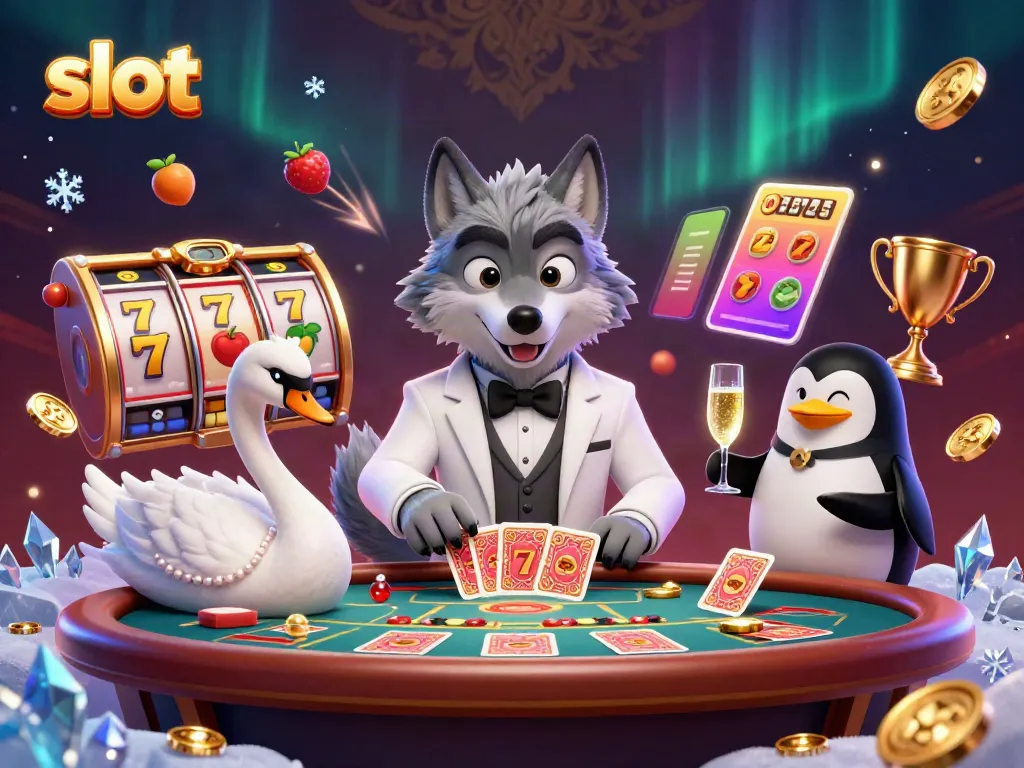Slot yang menyenangkan dengan karakter hewan di kasino virtual, dikelilingi simbol berwarna-warni.
