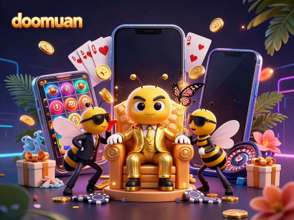 Engaging bumblebee mob boss in a casino-themed scene showcasing doomuan and vibrant slot games.