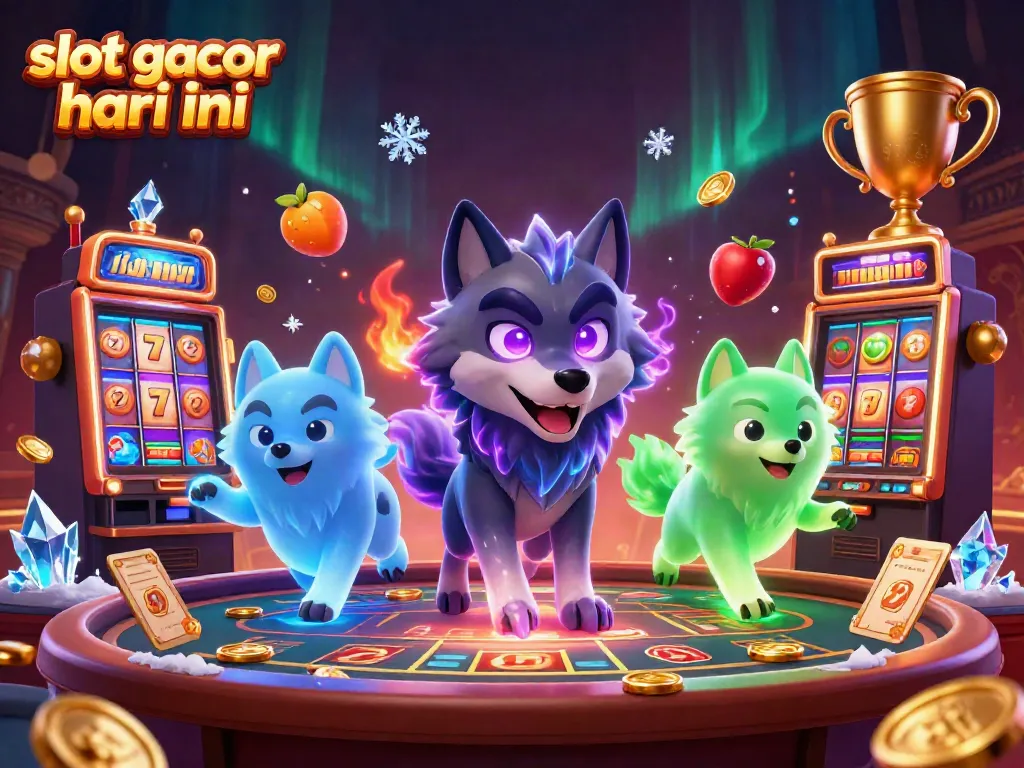 Attract players with slot gacor hari ini and an illustration of ghostly wolves around slot machines and gaming elements.