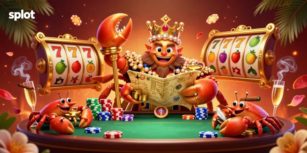Slot permainan menciptakan suasana kaya dengan kepiting emas megah dan simbol keberuntungan.