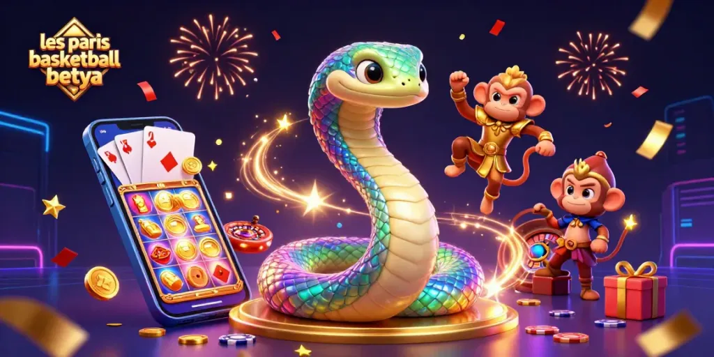 Bettors explore les paris basketball betya with fun visuals of a 3D rainbow serpent, monkey king, and lively casino elements.