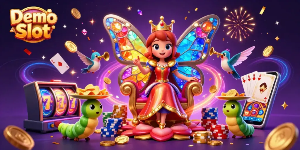 Spin to win with Demo Slot in this vibrant casino-themed illustration showcasing colorful characters and elements.