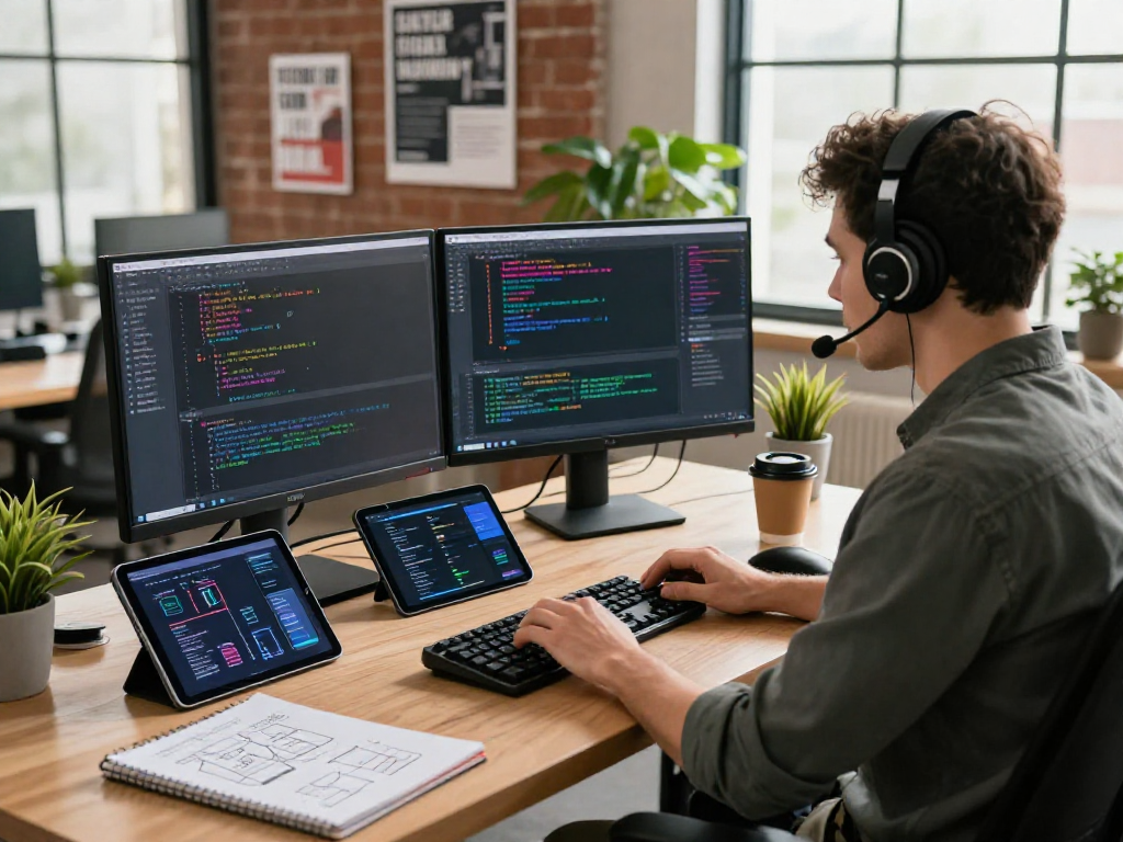 Innovative software developer coding at dual monitors displaying IDE and app designs on https://net88.se.net, showcasing a modern workspace.