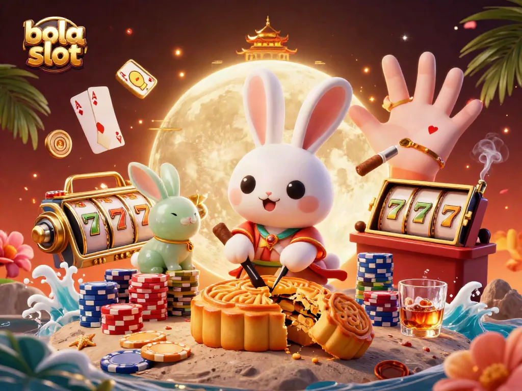 Experience the excitement of bola slot with a lively 3D moon rabbit and vibrant casino elements.