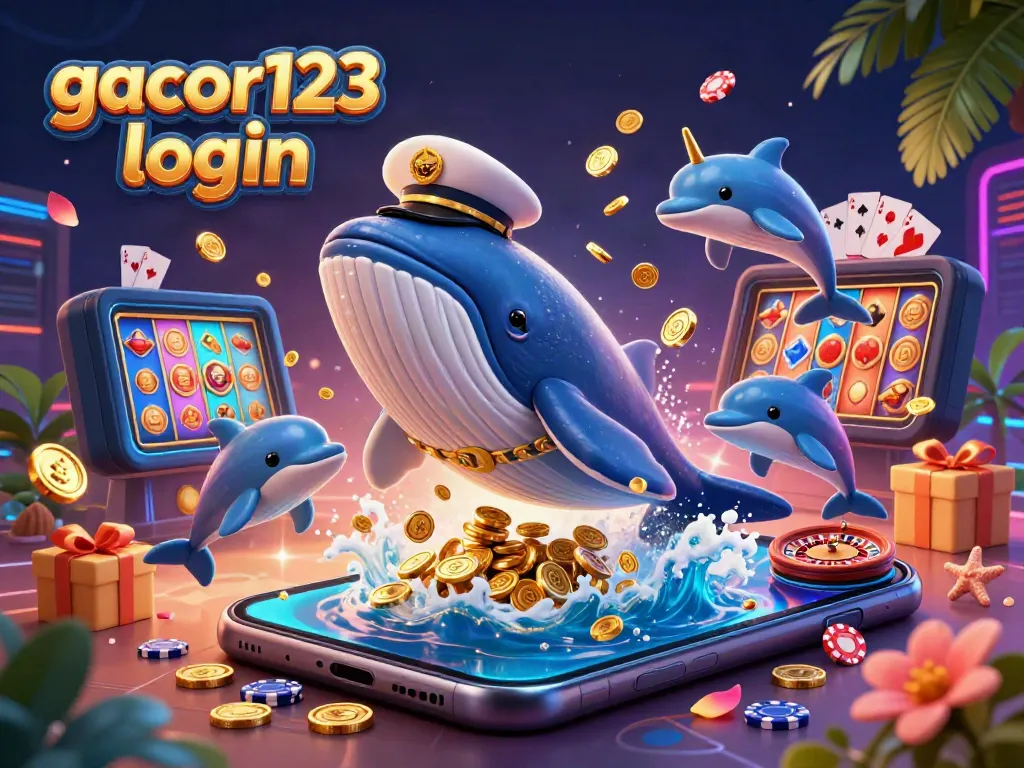 Experience thrilling gameplay with gacor123 login featuring a cartoon whale in a sea of coins.