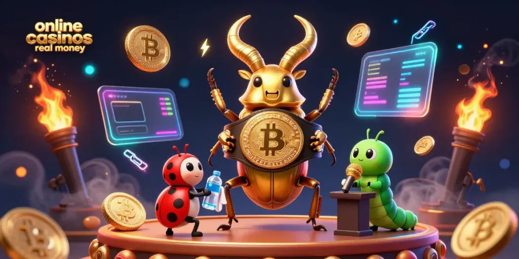 Engage with online casinos real money in this vibrant 3D scene featuring a beetle champion and crypto elements.