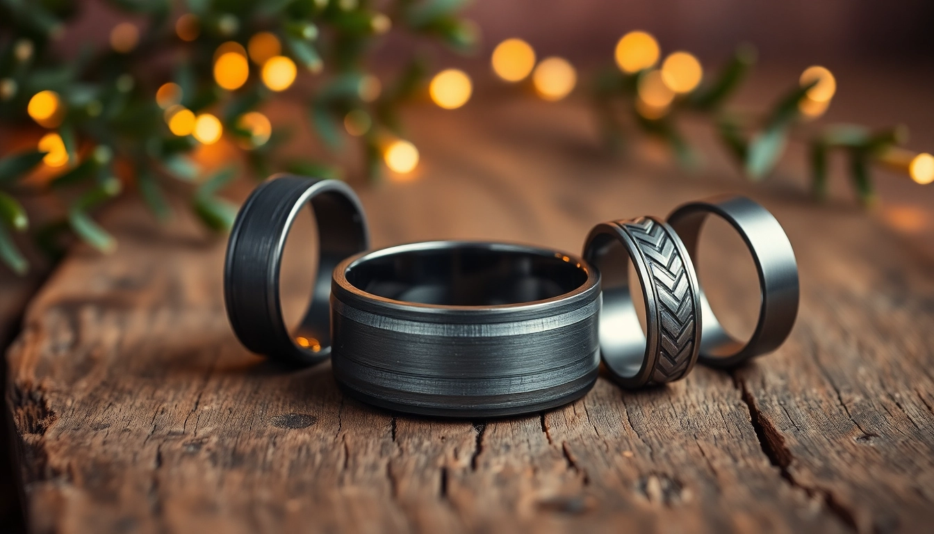Showcase of gunmetal wedding bands for men highlighting texture and design.
