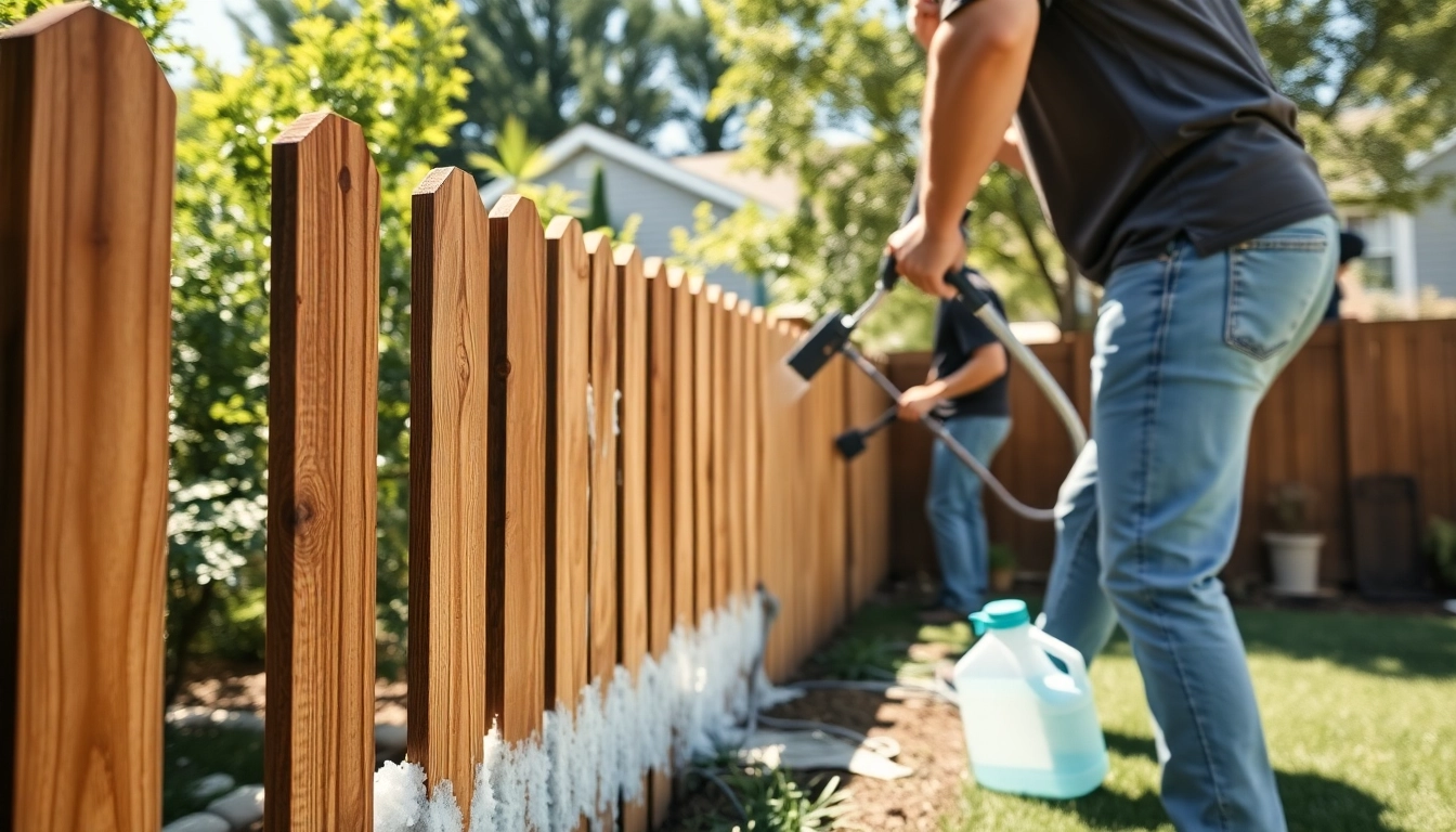 Fence Cleaning service team efficiently transforming a wooden fence in a sunny backyard.