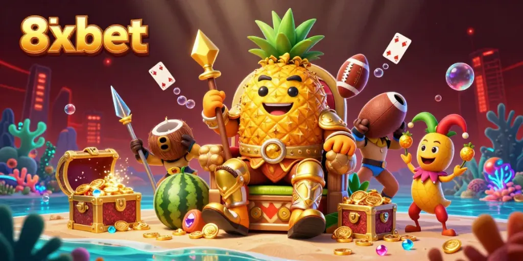 Experience thrilling moments with the 8xbet golden pineapple king and friends at the vibrant casino beach scene.